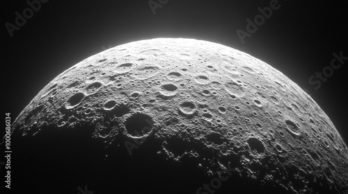 moon's surface, showcasing craters and rugged terrain in shades of gray. The image captures the moon's ancient, cratered landscape, evoking themes of mystery, time, and space exploration