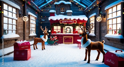 North Pole workshop with toy reindeer snow covered windows and Christmas lights twinkling in the background