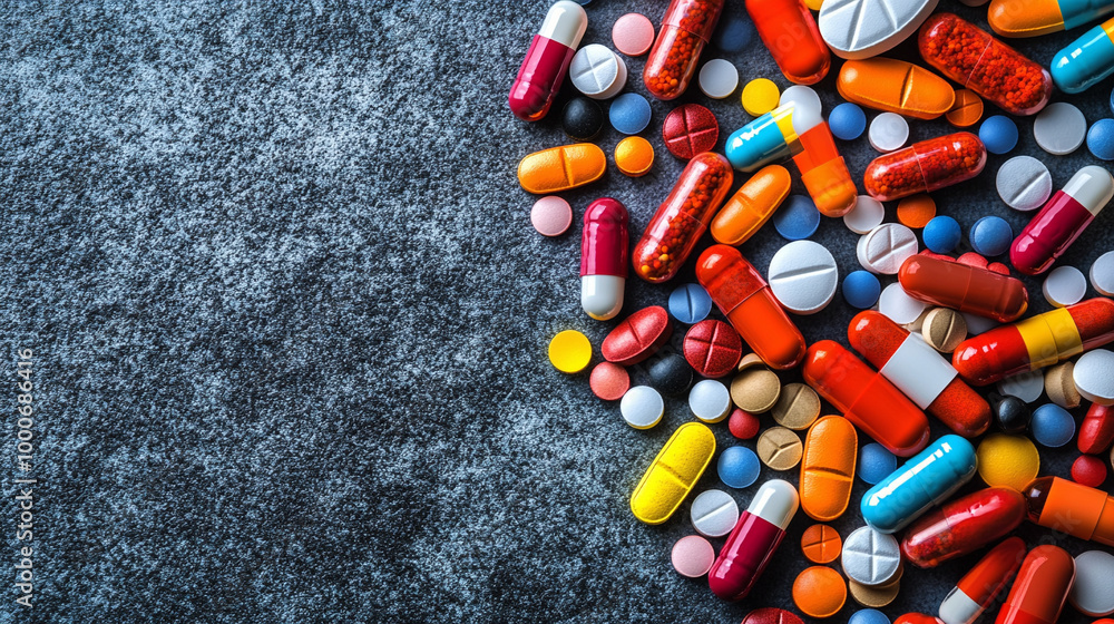 top-down view of assorted pharmaceutical pills scattered on a surface. The colorful arrangement represents modern medicine, health care choices, and wellness options top-down view of assorted pharmaceutical pills scattered on a surface. The colorful arrangement represents modern medicine, health care choices, and wellness options