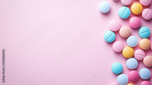 top-down view of assorted pharmaceutical pills scattered on a surface. The colorful arrangement represents modern medicine, health care choices, and wellness options