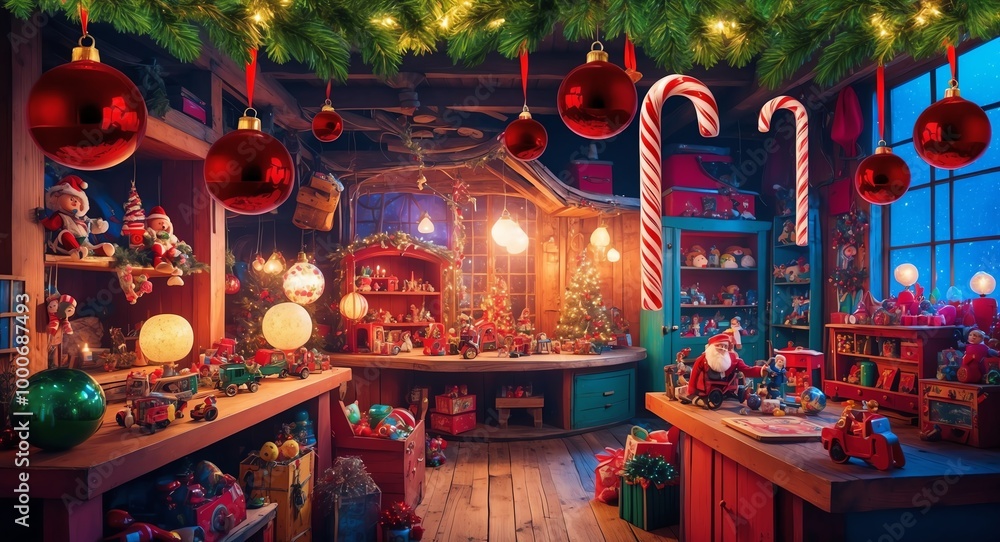 Naklejka premium Sleigh bells and candy canes hanging in a vibrant whimsical workshop filled with toys and glowing ornaments