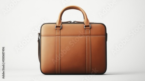 Tan gentleman's briefcase bag with stylish stitching, displayed on a clean white background, front-facing and minimalistic.