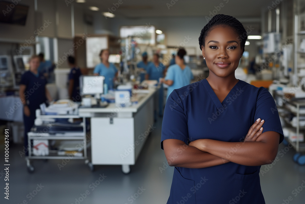 Smiling African American nurse wearing blue scrubs in a bright and inviting hospital hallway with copyspace for marketing or business ad Smiling African American nurse wearing blue scrubs in a bright and inviting hospital hallway with copyspace for marketing or business ad