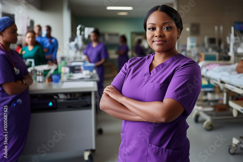 Smiling African American nurse wearing purple scrubs in a bright and inviting hospital hallway with copyspace for marketing or business ad