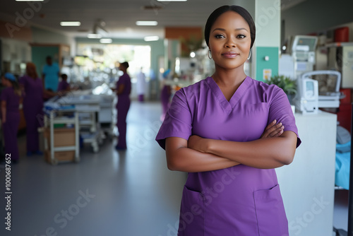 Smiling African American nurse wearing purple scrubs in a bright and inviting hospital hallway with copyspace for marketing or business ad