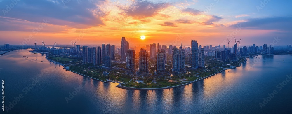 A sprawling coastal city exhibiting innovative architecture with a blend of modern skyscrapers and eco-friendly structures, featuring wind turbines and waterfront parks under a glowing sunset A sprawling coastal city exhibiting innovative architecture with a blend of modern skyscrapers and eco-friendly structures, featuring wind turbines and waterfront parks under a glowing sunset