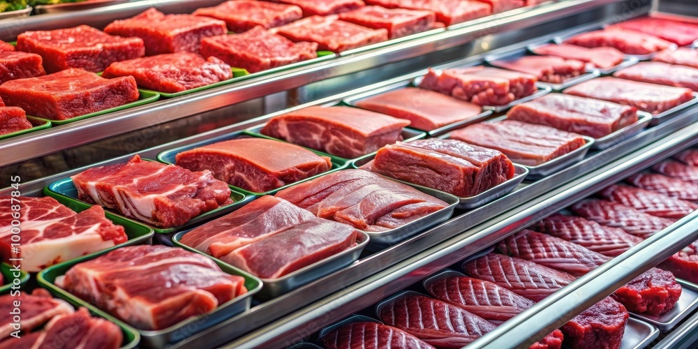 A display case filled with neatly arranged cuts of red meat in a supermarket, red meat, cuts, display case, supermarket, variety A display case filled with neatly arranged cuts of red meat in a supermarket, red meat, cuts, display case, supermarket, variety
