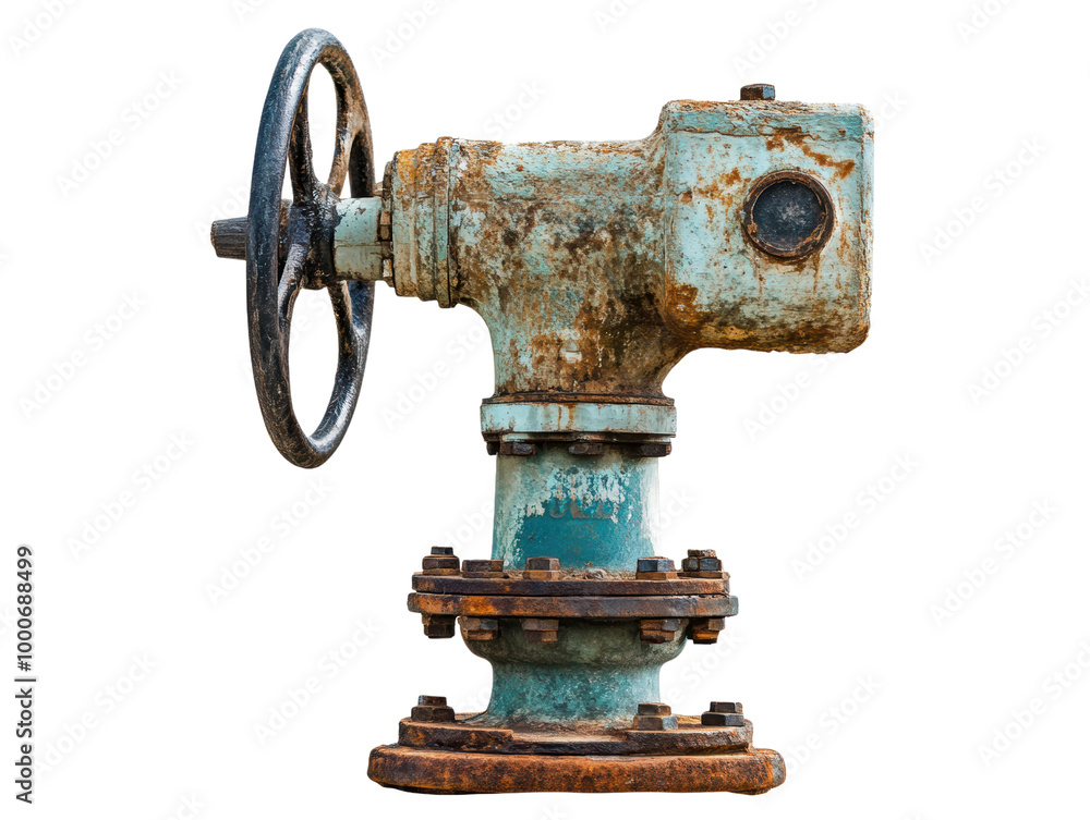 Rusty industrial valve with wheel, showcasing weathered metal and patina isolated on a white background, transparent background. Rusty industrial valve with wheel, showcasing weathered metal and patina isolated on a white background, transparent background.