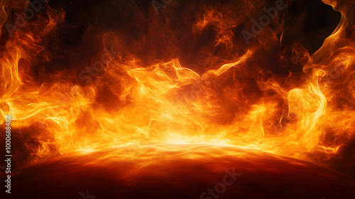 Dramatic fire and smoke effect glowing red and yellow colors exploding outwards with center space. Vivid and hot hell abstract or blazing fire background or wallpaper