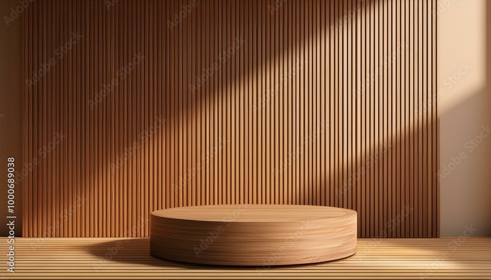 Wooden podium. 3D wooden stand for product presentation. Empty platform against the background of vertical slats on the wall. Modern minimalistic studio interior with a stage for the jewelry sphere. Wooden podium. 3D wooden stand for product presentation. Empty platform against the background of vertical slats on the wall. Modern minimalistic studio interior with a stage for the jewelry sphere.