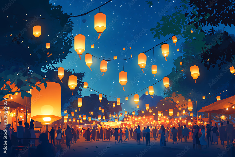 A vibrant night scene filled with glowing lanterns and people enjoying a festive atmosphere. A vibrant night scene filled with glowing lanterns and people enjoying a festive atmosphere.