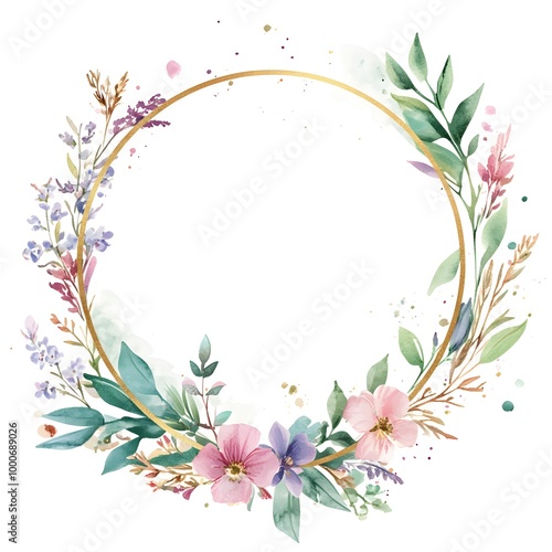 Watercolor frame with greenery and flowers, a golden circle in the middle, white background, 