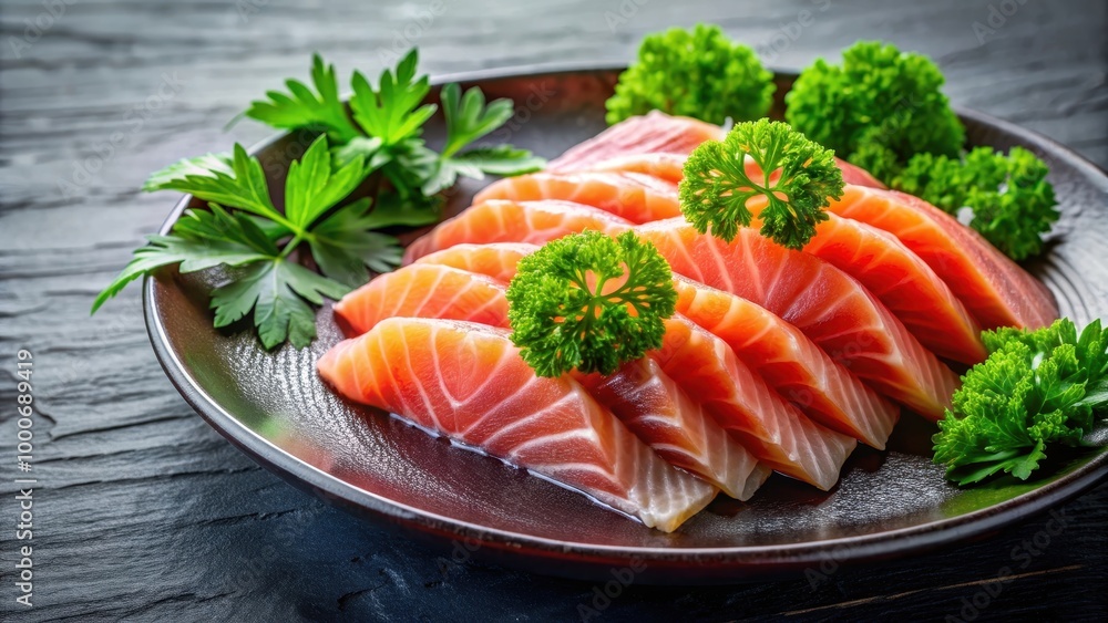 Fresh raw fish sashimi slices with vibrant green parsley garnish , Japanese cuisine, seafood, gourmet, healthy eating Fresh raw fish sashimi slices with vibrant green parsley garnish , Japanese cuisine, seafood, gourmet, healthy eating