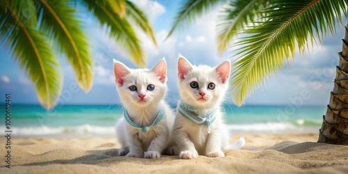 Two adorable white kitten wearing matching vests playing on a sandy beach with palm trees and the sea in the background, summer, vacation