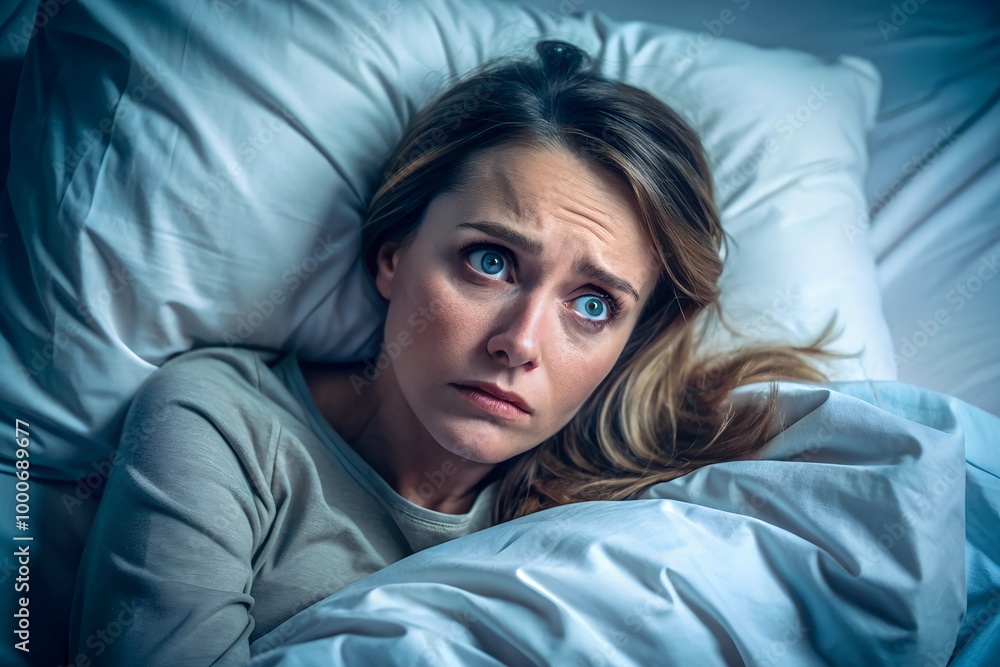 A woman with a worried expression lies awake in bed during the night, showcasing stress and insomnia. The emotion reflects anxiety and sleeplessness. A woman with a worried expression lies awake in bed during the night, showcasing stress and insomnia. The emotion reflects anxiety and sleeplessness.