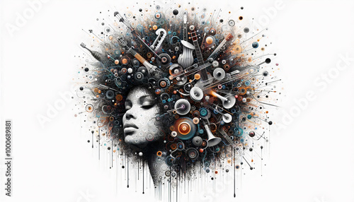 Abstract portrait of a woman with an afro, where her hair is composed of musical instruments and patterns, symbolizing a fusion of music and identity