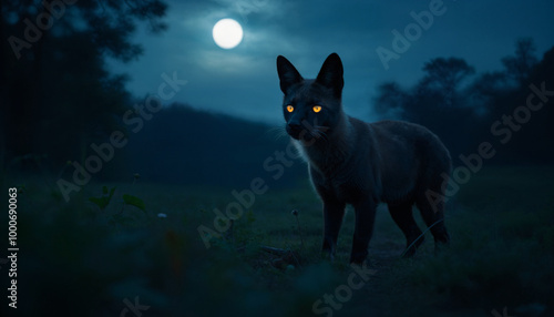 A black cat stands in a field at night, with a full moon in the background