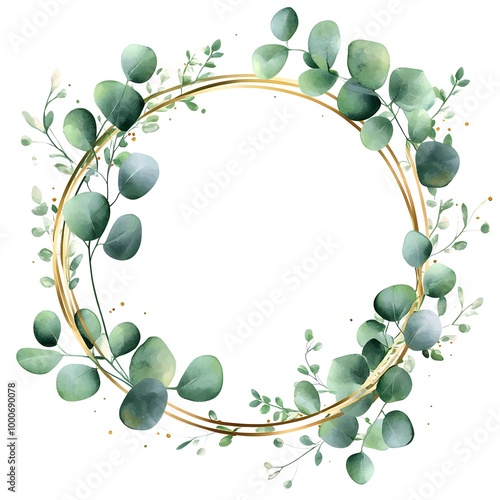 Watercolor pastel green eucalyptus leaves and a gold circular frame,