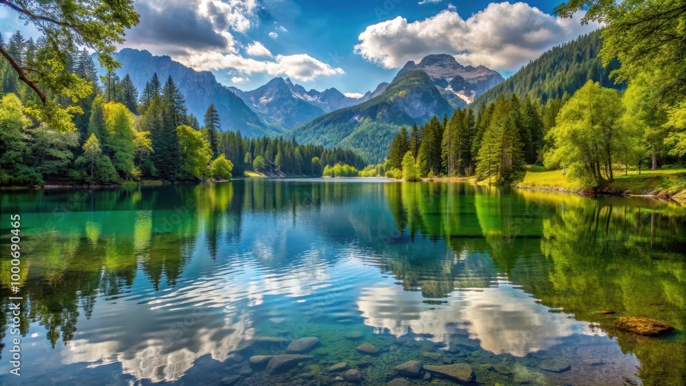Scenic landscape featuring a tranquil lake surrounded by mountains and trees, nature, water, blue, reflection, serene Scenic landscape featuring a tranquil lake surrounded by mountains and trees, nature, water, blue, reflection, serene