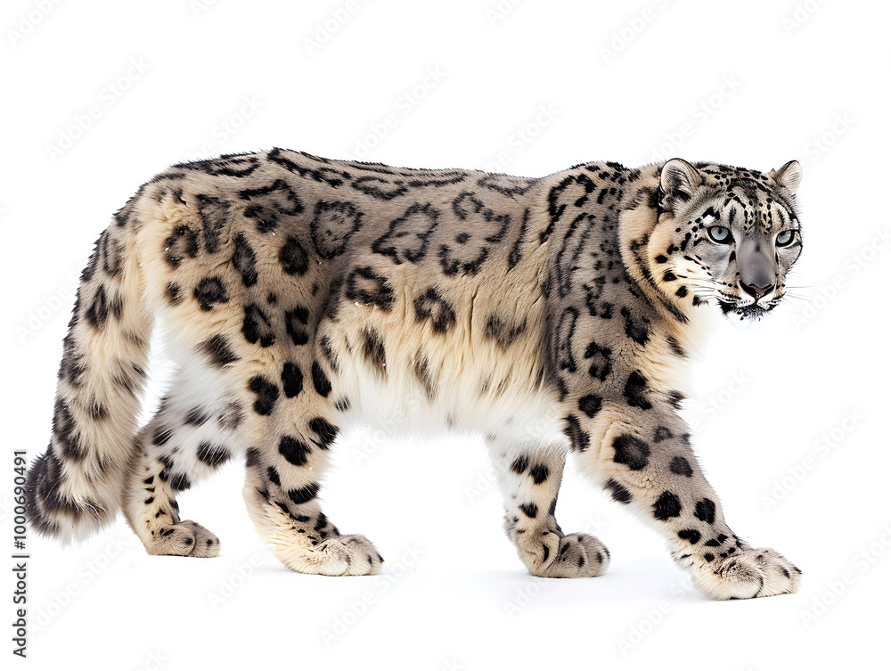 snow leopard standing isolated on white background snow leopard standing isolated on white background
