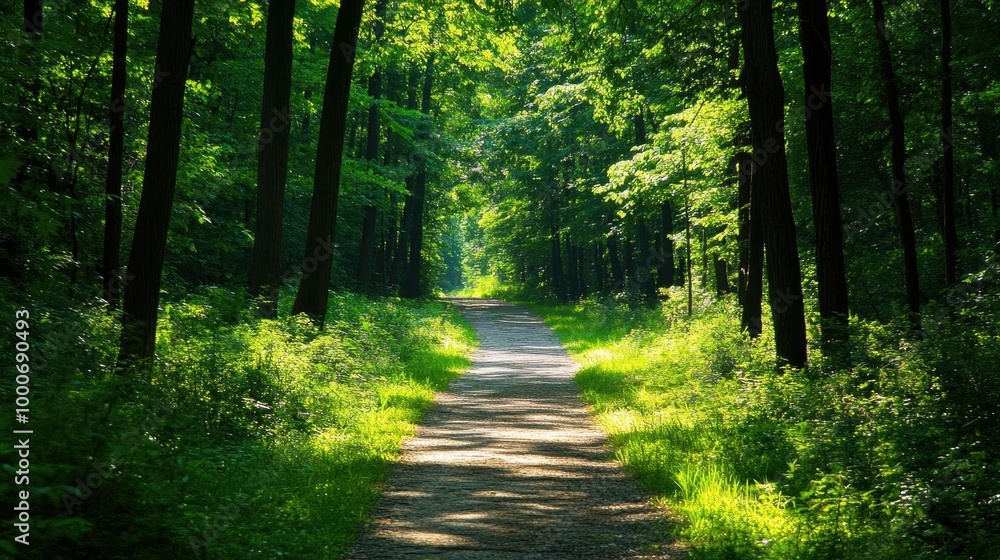 Obraz premium A peaceful forest path surrounded by vibrant greenery, providing a serene escape into nature's beauty and tranquility.