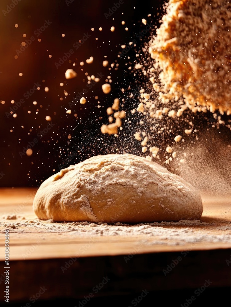 Fresh dough on a wooden surface with flour falling, capturing the essence of baking and culinary art. Fresh dough on a wooden surface with flour falling, capturing the essence of baking and culinary art.