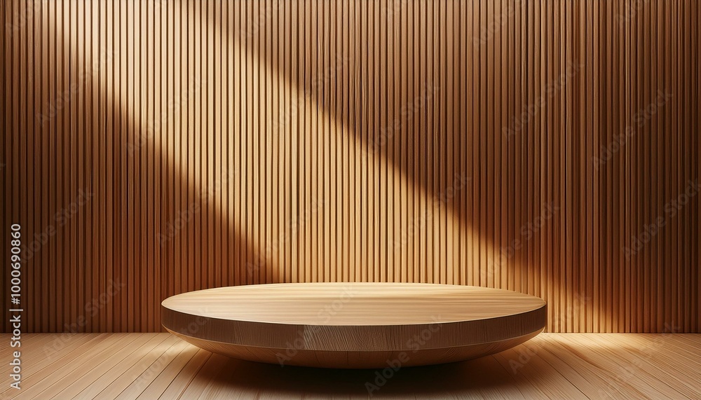 Wooden podium. 3D wooden stand for product presentation. Empty platform against the background of vertical slats on the wall. Modern minimalistic studio interior with a stage for the jewelry sphere. Wooden podium. 3D wooden stand for product presentation. Empty platform against the background of vertical slats on the wall. Modern minimalistic studio interior with a stage for the jewelry sphere.
