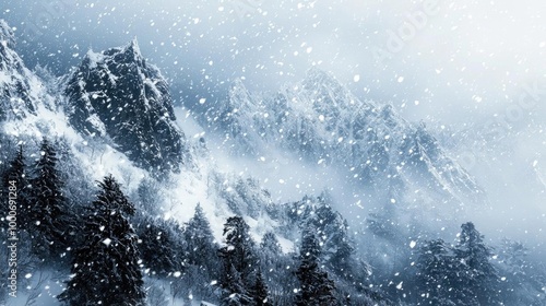 Wallpaper Mural A breathtaking winter landscape with snow-covered mountains and falling snowflakes, evoking a serene and tranquil atmosphere. Torontodigital.ca