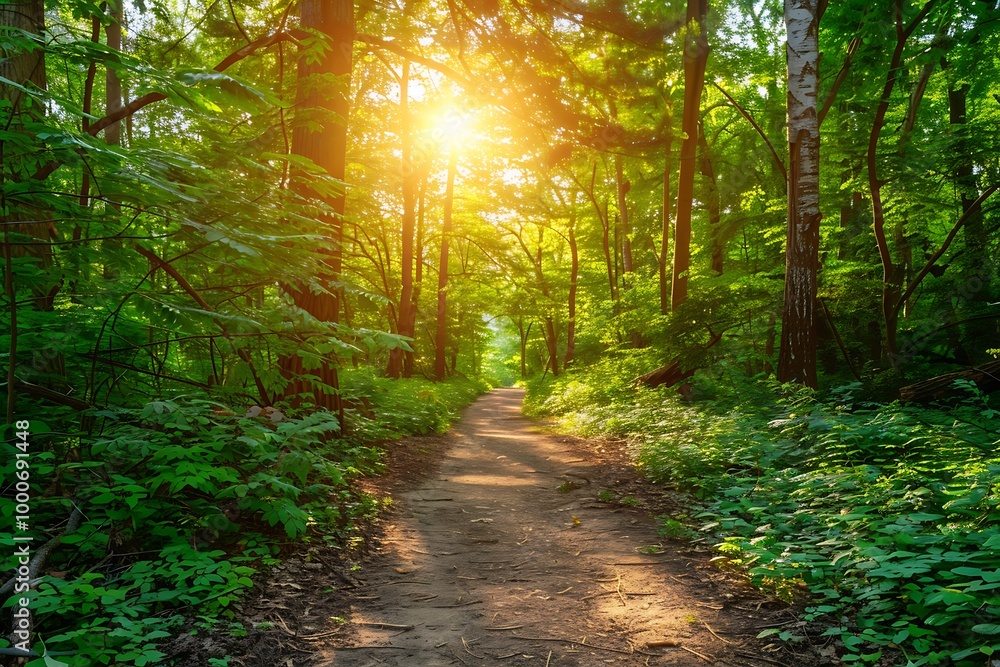 Fototapeta premium Morning in the green forest. Sun rays through the branches of trees