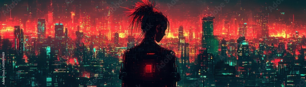 A silhouetted figure gazes over a futuristic cityscape, bathed in vibrant colors and illuminated by neon lights. A silhouetted figure gazes over a futuristic cityscape, bathed in vibrant colors and illuminated by neon lights.
