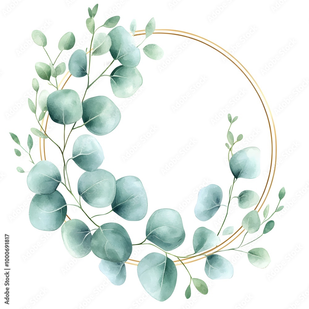 Watercolor pastel light green eucalyptus and gold-framed circle, Watercolor pastel light green eucalyptus and gold-framed circle,