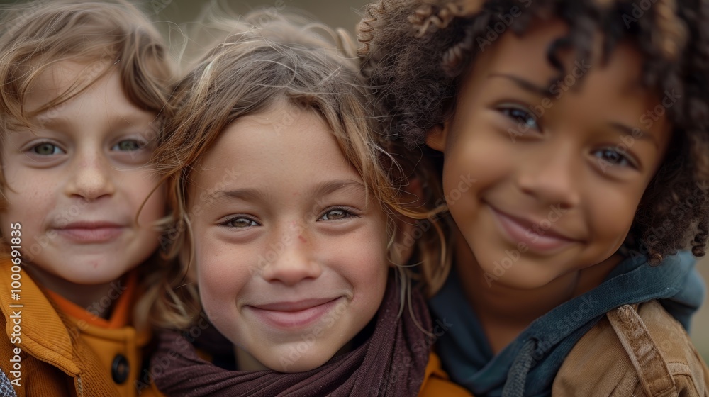 A close-up of three kids with varied hair types A close-up of three kids with varied hair types