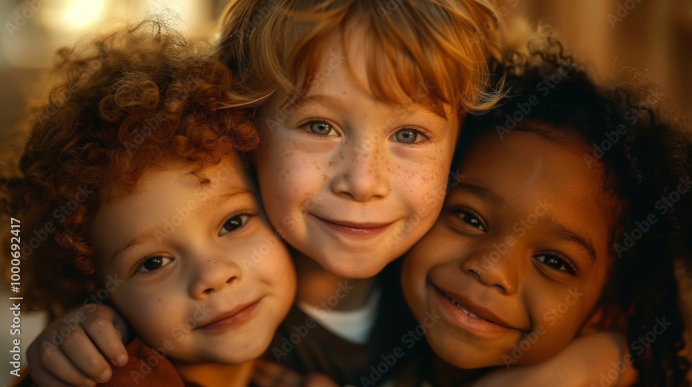 A close-up photo of three kids with different skin tones, smiling brightly A close-up photo of three kids with different skin tones, smiling brightly