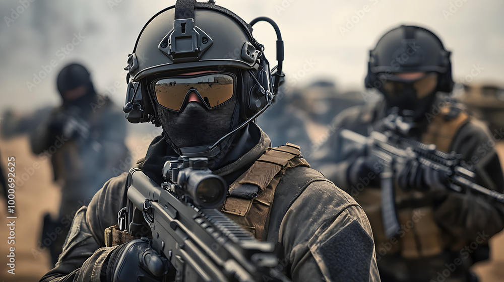 Group of elite special forces soldier equipped with battle armor and an assault rifle in a combat zone. 3d rendering Group of elite special forces soldier equipped with battle armor and an assault rifle in a combat zone. 3d rendering