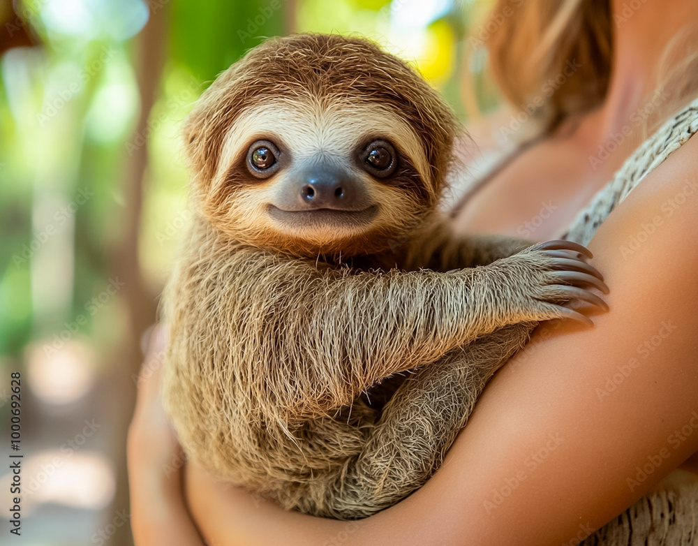 Fototapeta premium A little sloth in a girl's arms.