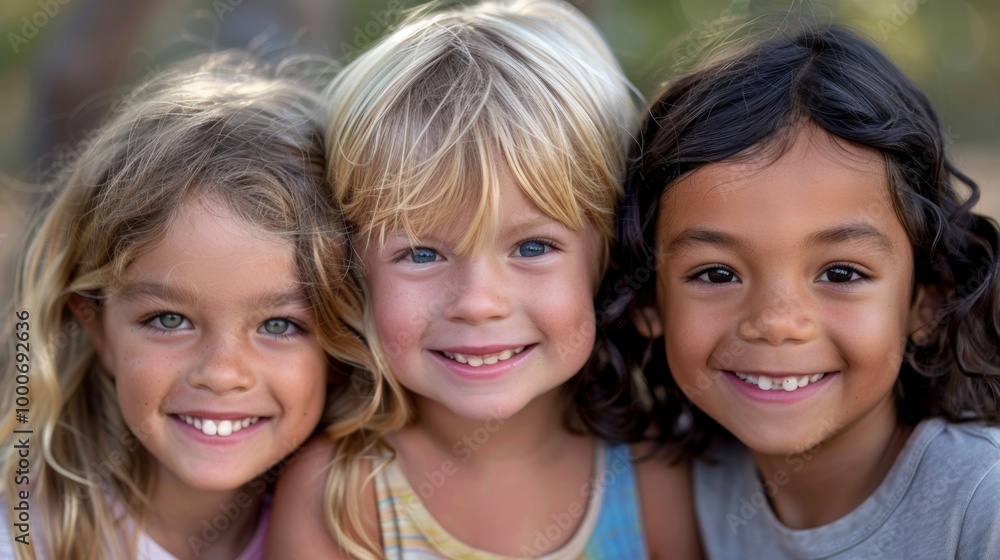 A close-up portrait of three children with different hair types, smiling warmly A close-up portrait of three children with different hair types, smiling warmly