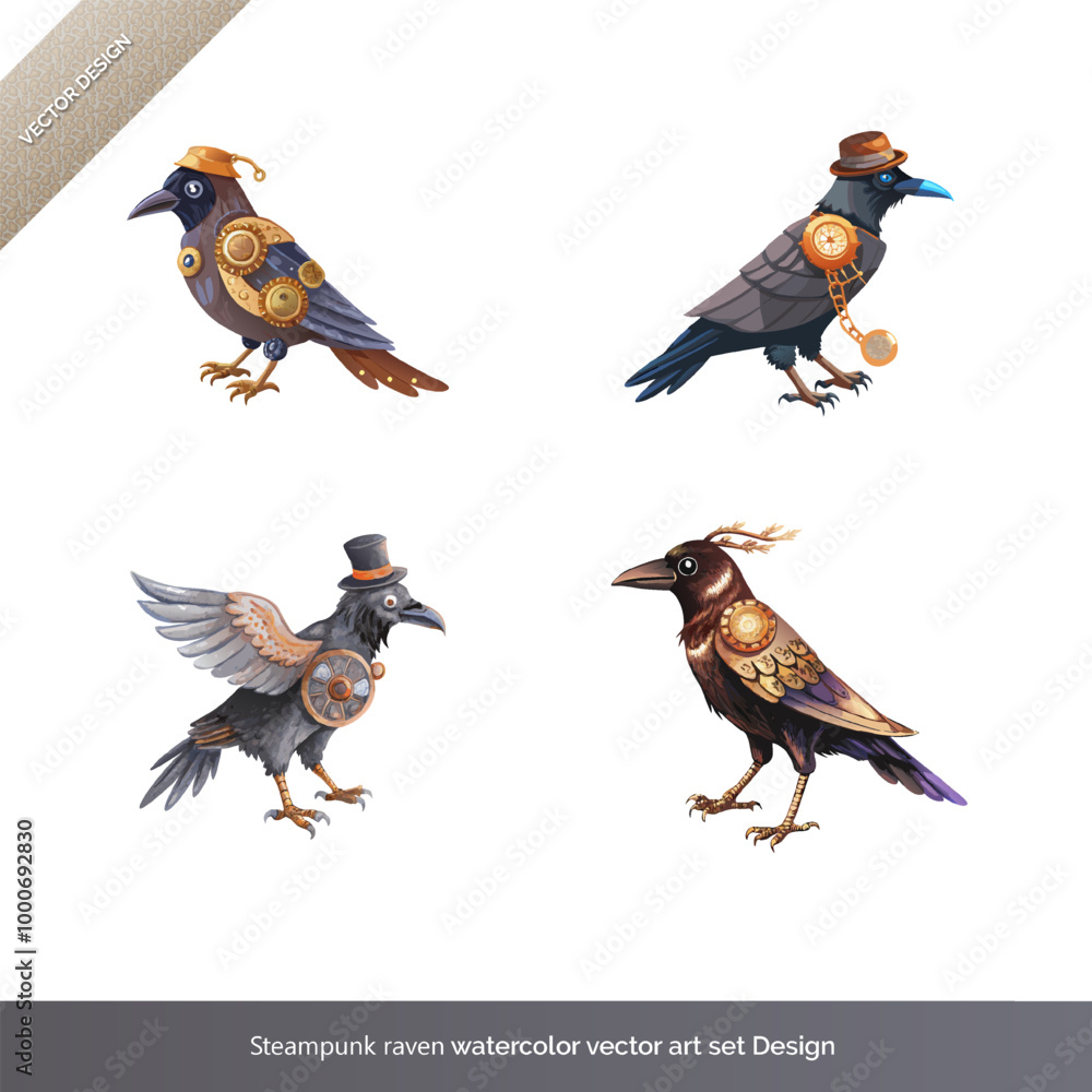 Obraz premium Steampunk Raven Watercolor Vector Art Set