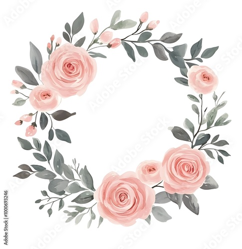 Watercolor floral wreath, with roses and pink flowers, leaves, and eucalyptus clipart, on a white background