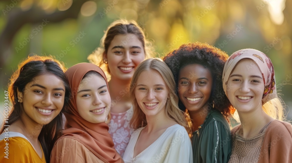 Obraz premium A diverse group of young women, all smiling warmly and standing closely together