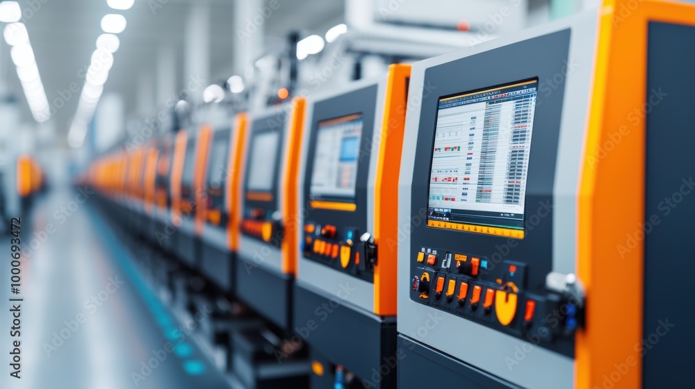 Modern industrial control panels line factory floor, showcasing advanced technology and precision. vibrant orange accents contrast with sleek black design, creating dynamic workspace. Modern industrial control panels line factory floor, showcasing advanced technology and precision. vibrant orange accents contrast with sleek black design, creating dynamic workspace.