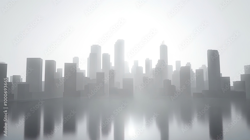 Foggy city skyline reflecting on water. Foggy city skyline reflecting on water.