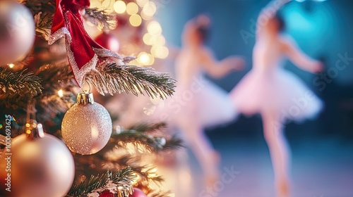 Christmas tree with ornaments and ballet dancers.