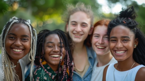 A friendly group of young women from different races, all standing closely and smiling warmly