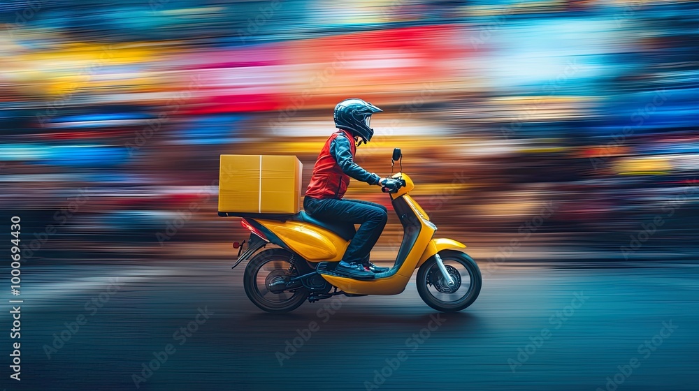 Delivery rider on a yellow scooter in motion. Delivery rider on a yellow scooter in motion.