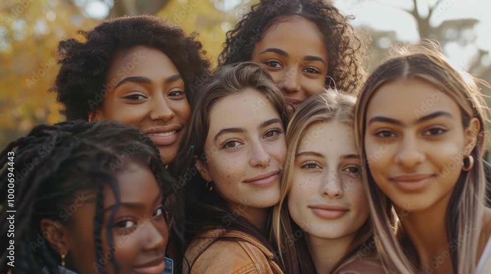 A group of young women from various races, all smiling and standing closely together A group of young women from various races, all smiling and standing closely together