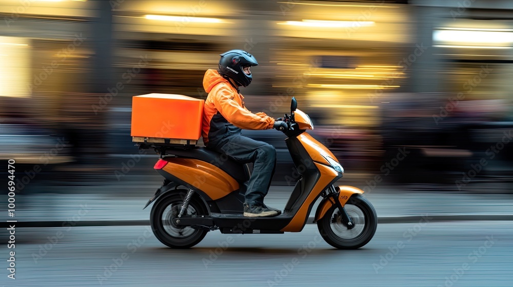 Delivery rider on an orange scooter in motion. Delivery rider on an orange scooter in motion.