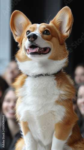 A fluffy corgi looks up with a big smile, ready for treats.