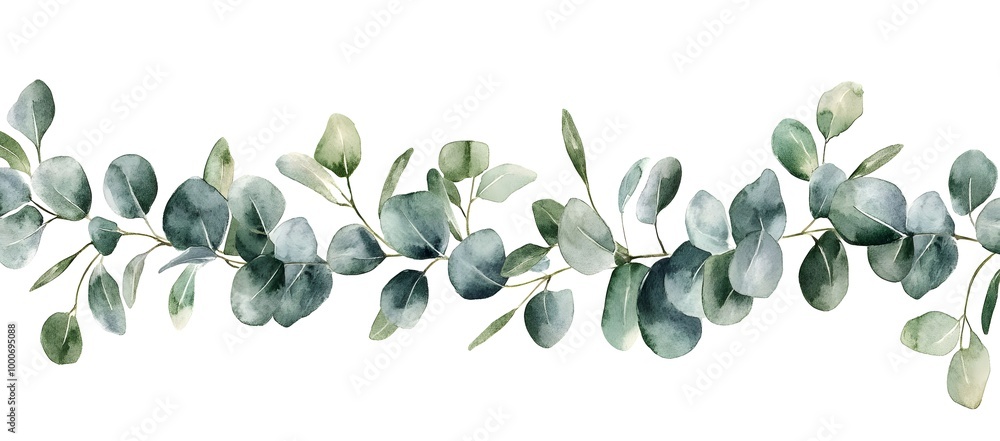 Watercolor silver eucalyptus garland, green leaves and branches isolated on a white background, Watercolor silver eucalyptus garland, green leaves and branches isolated on a white background,