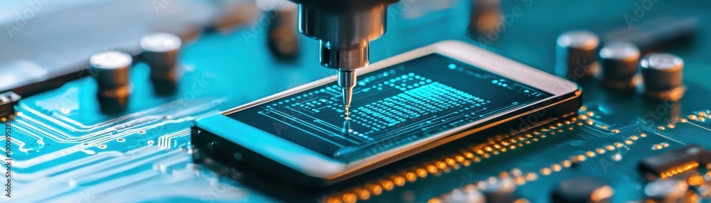 image showcases smartphone being processed on circuit board, highlighting advanced technology and precision engineering. intricate details of circuit and smartphone emphasize innovation and modern image showcases smartphone being processed on circuit board, highlighting advanced technology and precision engineering. intricate details of circuit and smartphone emphasize innovation and modern