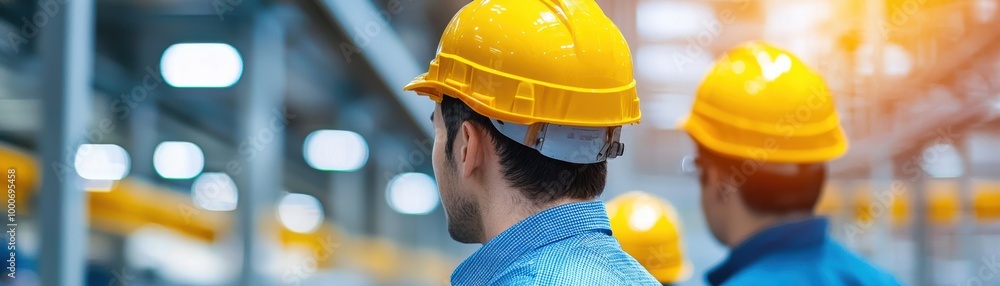 Efficient workers in safety helmets observe industrial environment, showcasing teamwork and focus in modern factory setting. Efficient workers in safety helmets observe industrial environment, showcasing teamwork and focus in modern factory setting.